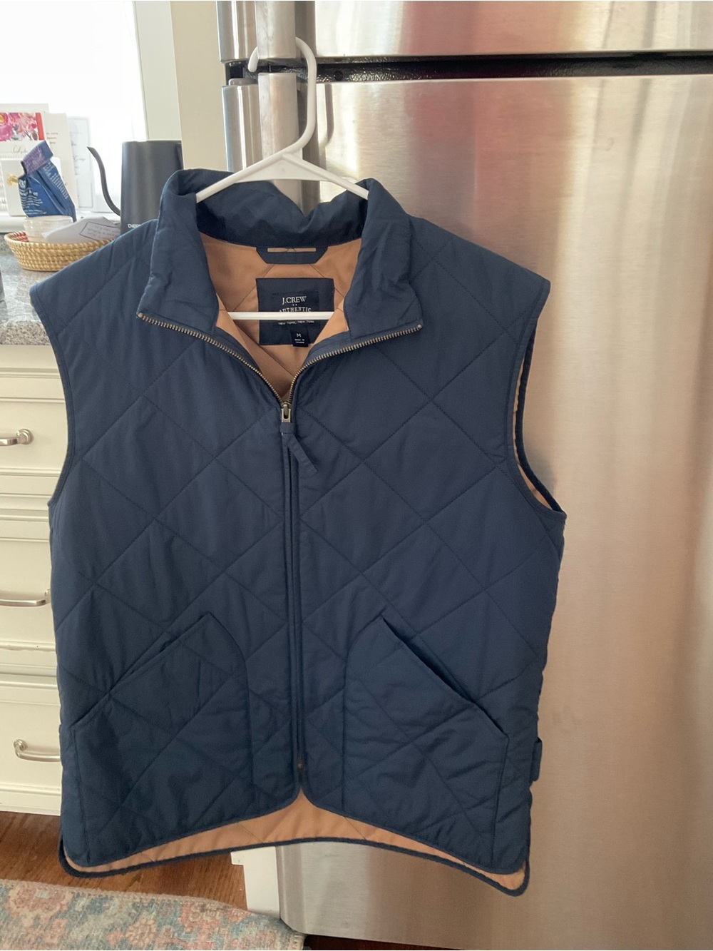 J. Crew Quilted Navy Reversible Men’s Vest with Tan Lining